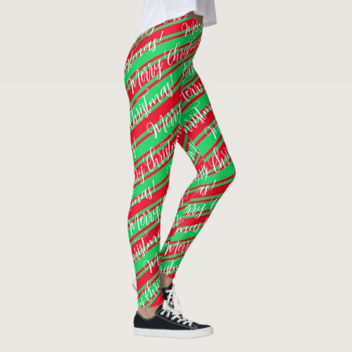 Red Green Stripe White Candy Cane Merry Christmas Leggings
