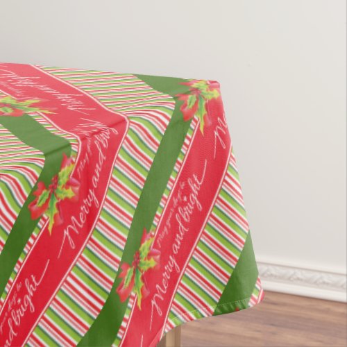 Red green striped holly merry bright tablecloth