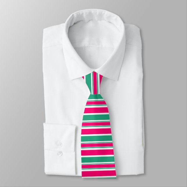 Red -green striped horizontal pattern neck tie (Tied)