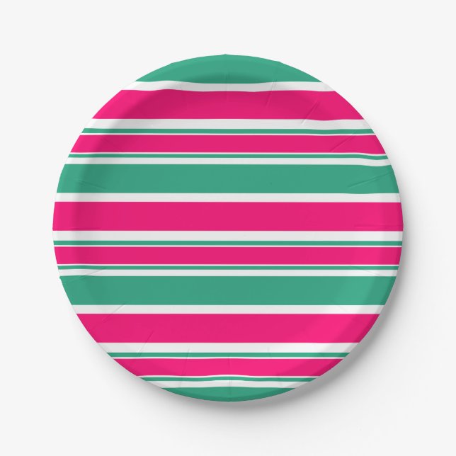 Red -green striped horizontal pattern paper plates (Front)