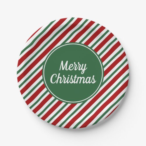 Red Green Striped White Merry Christmas Holiday Paper Plates