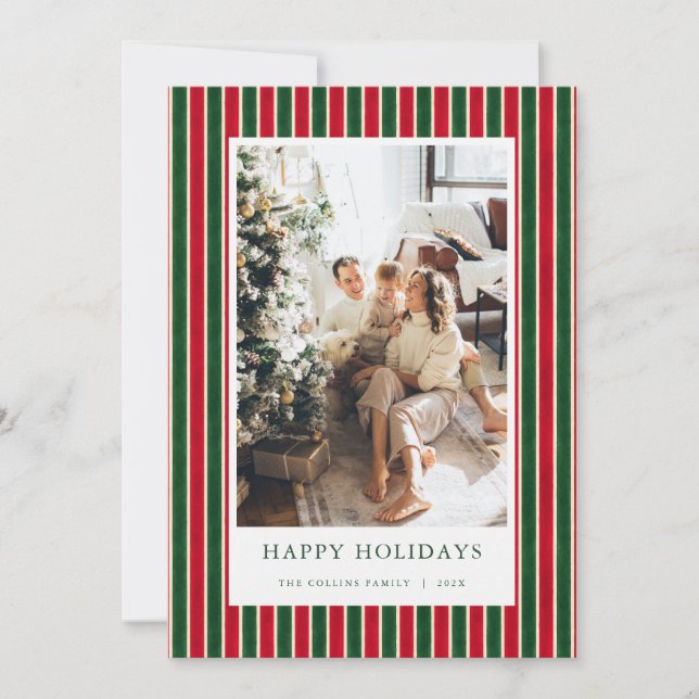 Red & Green Stripes Christmas Photo Holiday Card (Front)