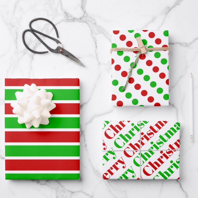 Red green stripes dots Merry Christmas typography Wrapping Paper Sheets (Front)