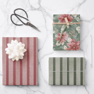 Red Green Stripes Floral Christmas Wrapping Paper Sheets