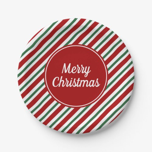 Red Green Stripes Merry Christmas Holiday Party Paper Plates