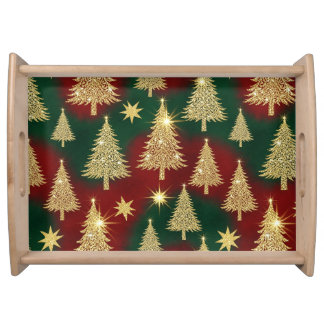 RED & GREEN STRIPES WITH CHRISTMAS TREES & BALLS SERVING TRAY