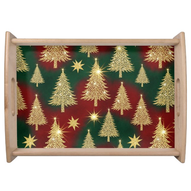 RED & GREEN STRIPES WITH CHRISTMAS TREES & BALLS SERVING TRAY (Front)
