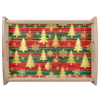 RED & GREEN STRIPES WITH CHRISTMAS TREES & BALLS SERVING TRAY