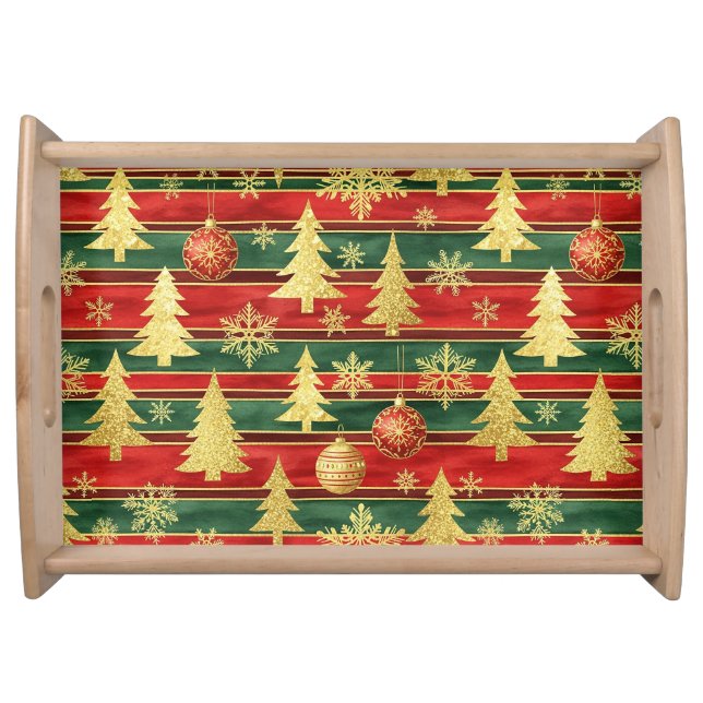 RED & GREEN STRIPES WITH CHRISTMAS TREES & BALLS SERVING TRAY (Front)