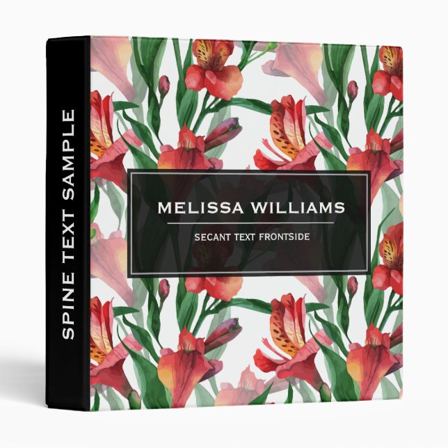 Red & Green Summer Lily Illustration Pattern 3 Ring Binder (Front/Spine)