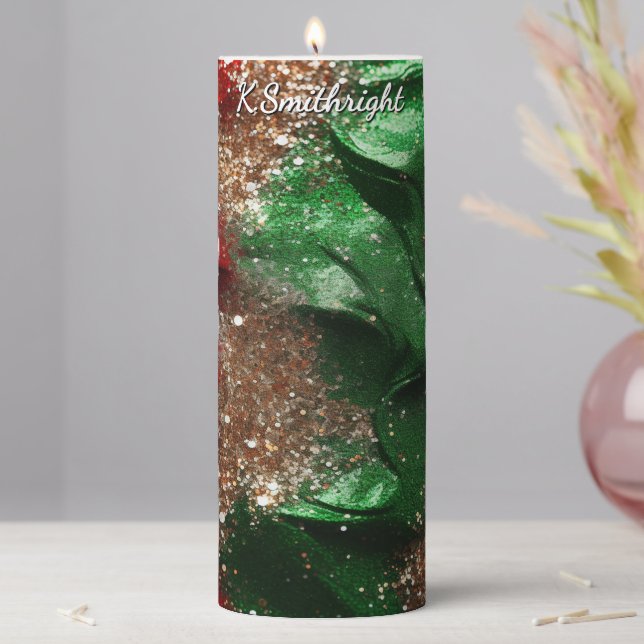 Red Green Swirl Christmas Glitter Pillar Candle (In Situ)