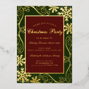Red Green Swirl Snowflake Frame Christmas Party Foil Invitation