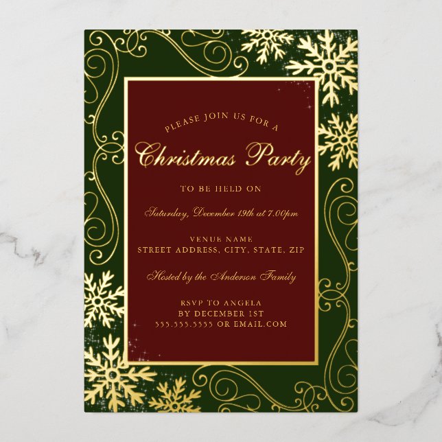 Red Green Swirl Snowflake Frame Christmas Party Foil Invitation (Front)