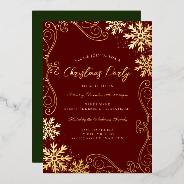 Red Green Swirl Snowflake Gold Christmas Party Foil Invitation (Front/Back)