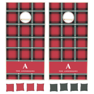 Red green tartan check monogram personalized cornhole set