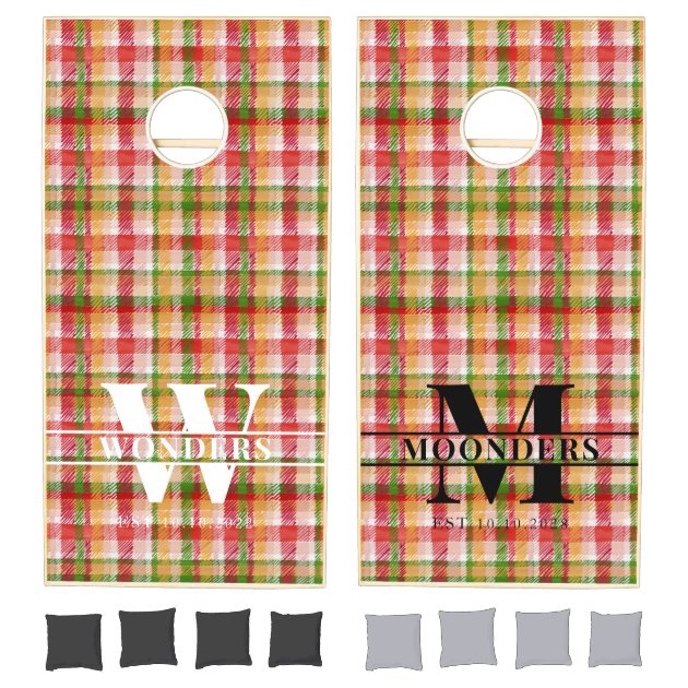 Red Green Tartan Classic Custom Monogram Cornhole Set