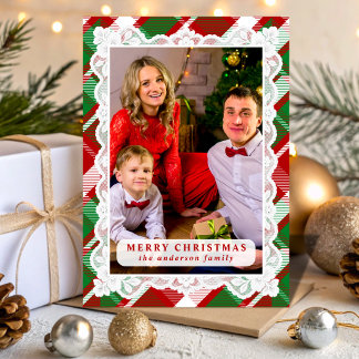 Red Green Tartan Lace Christmas Photo Holiday Card