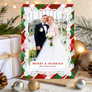 Red Green Tartan Lace Merry & Married Photo Holiday Card