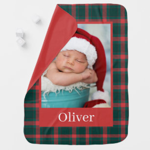 Red Green Tartan Plaid Add Photo Christmas Theme Baby Blanket