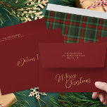 Red green tartan plaid gold Merry Christmas  Envelope<br><div class="desc">Elegant Merry Christmas gold script red envelope with forest pine green plaid tartan liner and personalized return address.</div>