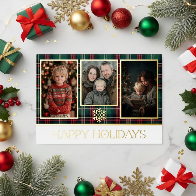 Red & Green Tartan Plaid Happy Holidays Photo Foil Holiday Card (Creator Uploaded)