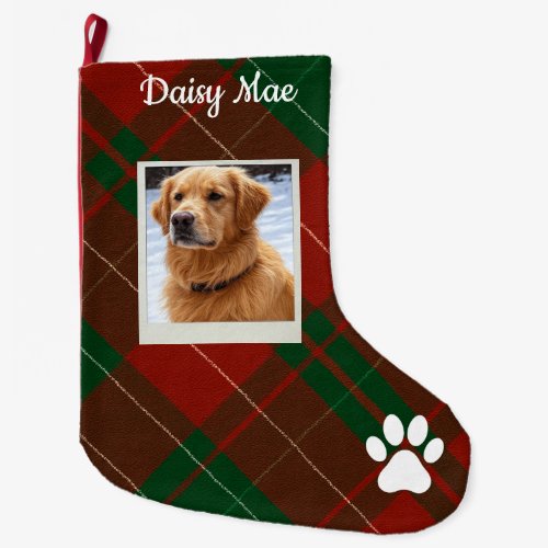 Red &amp; Green Tartan Plaid Personalized Pet Large Christmas Stocking