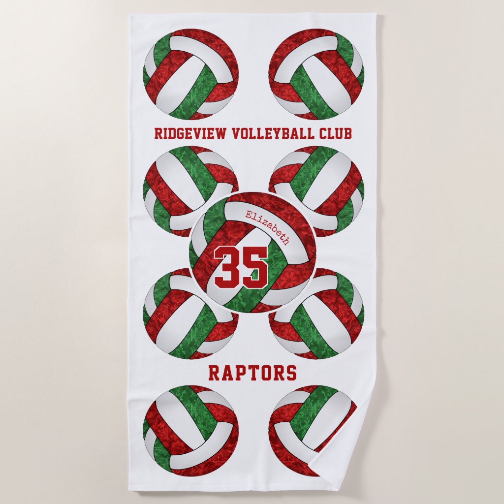 red green team colors girly volleyballs beach towel with team name