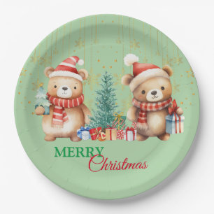 Red Green teddy Bear Santa Merry Christmas Party Paper Plates