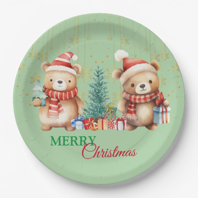 Red Green teddy Bear Santa Merry Christmas Party  Paper Plates (Front)