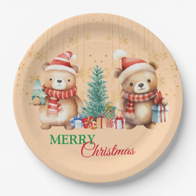 Red Green teddy Bear Santa Merry Christmas Party  Paper Plates (Front)