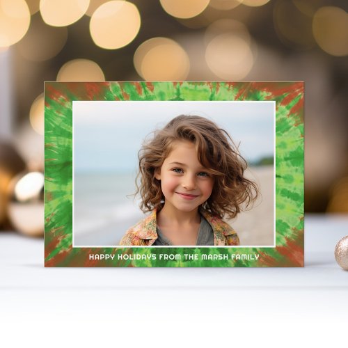 Red Green Tie Dye with Simple Photo and greeting Holiday Card