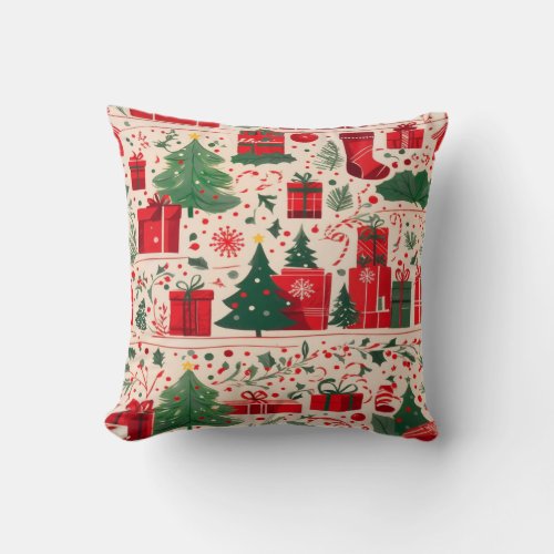 Red Green Traditional Christmas Elements Pattern  Throw Pillow