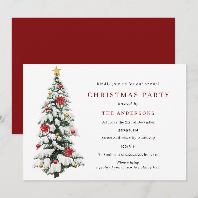 Red Green Traditional Tree Christmas Party Invitation (Front/Back)