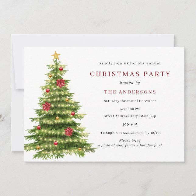 Red Green Traditional Tree Lights Christmas Party Invitation (Front)