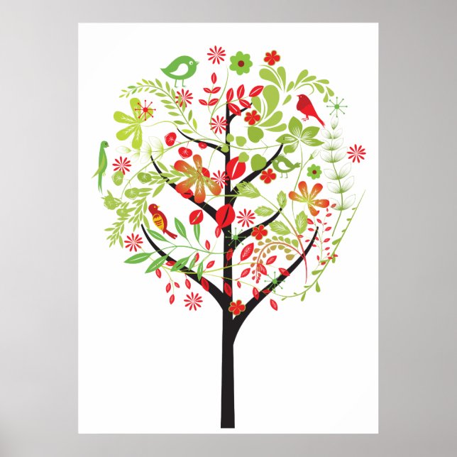 Red green tree and cute birds poster print (Front)