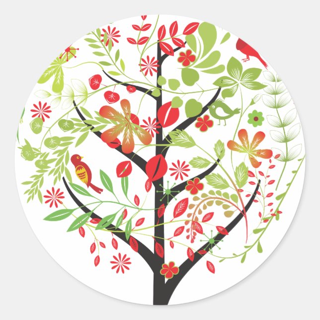 Red green tree and cute birds sticker (Front)