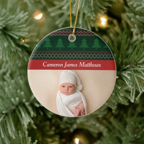 Red Green Tree Babys 1st Christmas Photo Monogram Ceramic Ornament