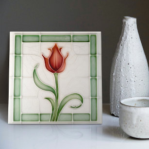 Red Green Tulip Wall Decor Nouveau Art Gibbons Ceramic Tile