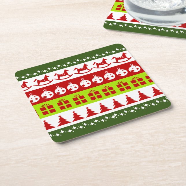 Red Green Ugly Christmas Sweater Festive Clipart Square Paper Coaster (Angled)