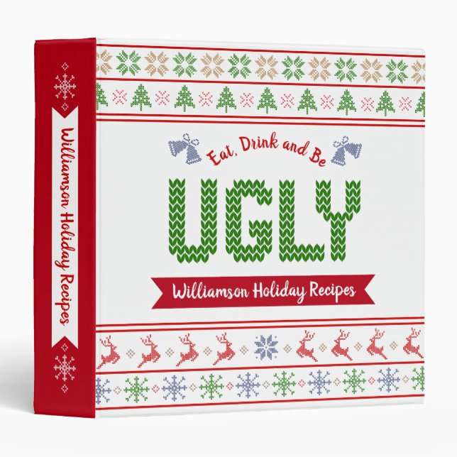 Red Green Ugly Christmas Sweater Recipe Cookbook 3 Ring Binder (Front/Spine)