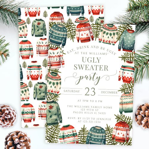 Red green ugly sweater Christmas party invitation