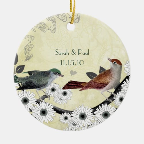 Red  Green Vintage Birds on Blooming Branch Ceramic Ornament