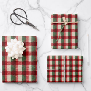 Red Green Vintage Buffalo Plaid Christmas Wrapping Paper Sheets