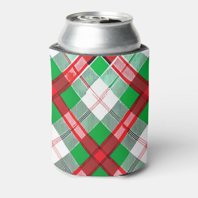 Red Green Vintage Christmas Plaid Pattern Can Cooler (Can Back)