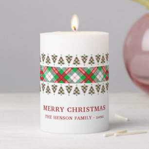 Red Green Vintage Christmas Tree Plaid Pattern Pillar Candle