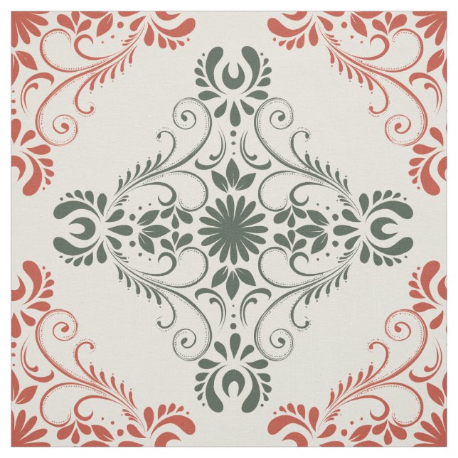 Red & Green Vintage Flowers Damasks Fabric (Swatch)