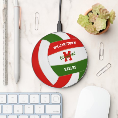 red green volleyball athlete team name monogram wireless charger 
