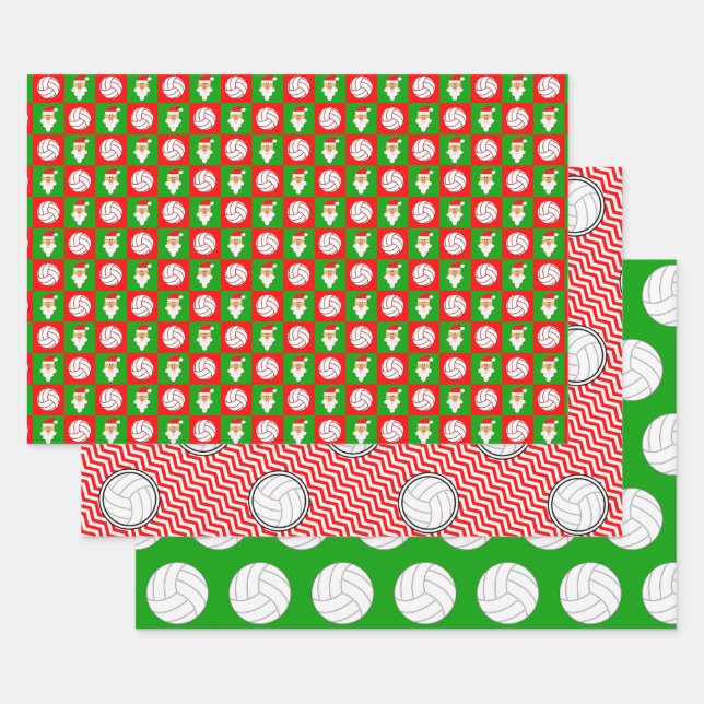 Red & Green Volleyball & Santa Matching Christmas Wrapping Paper Sheets (Set)