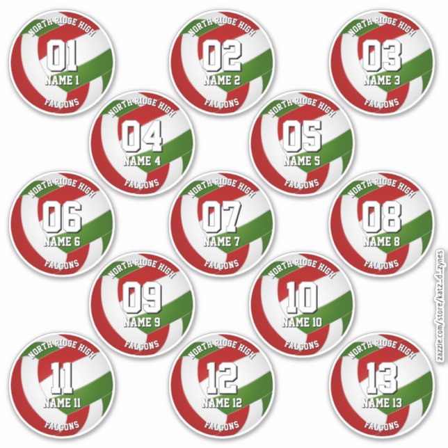 red green volleyball team stickers for 13 athletes (Front)