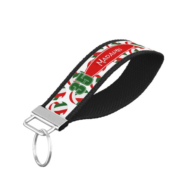 red green volleyballs athlete name wrist keychain (Angled Down)